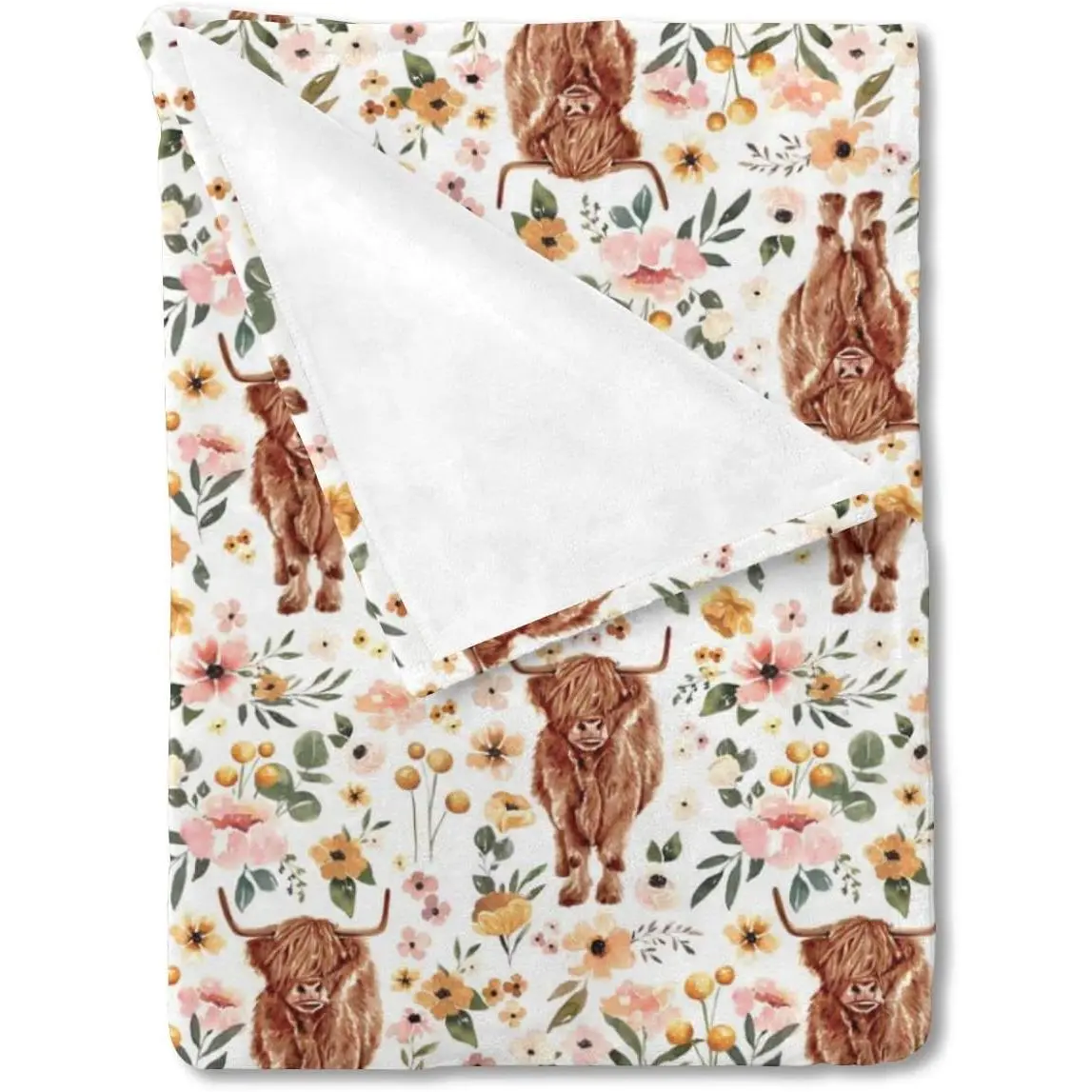 Boho Highland Cow Floral  Blanket Girl Shower , Pink Western  Yak Flower Flannel Fleece  Bed Receiving Swaddle, Soft    Cowgirl  Bedding 30 x 40