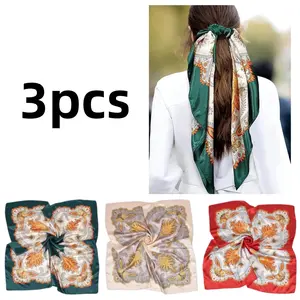 3 pcs Satin Silk Scarf Satin Hair Scarves 35”Large Square Bandana Floral printed large handkerchief for Women Fashion Accessories
