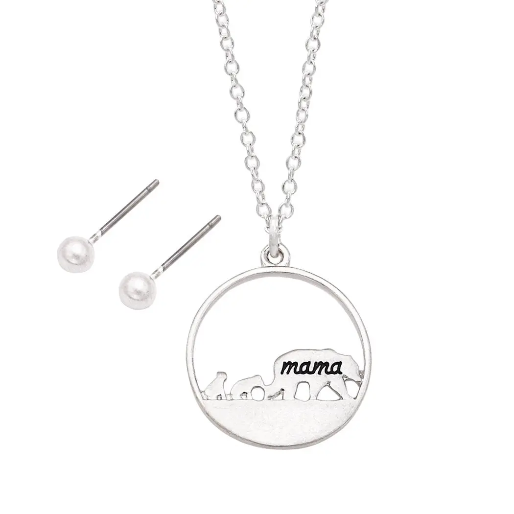 Mama Bear Charm Pendant Necklace and Earrings Set