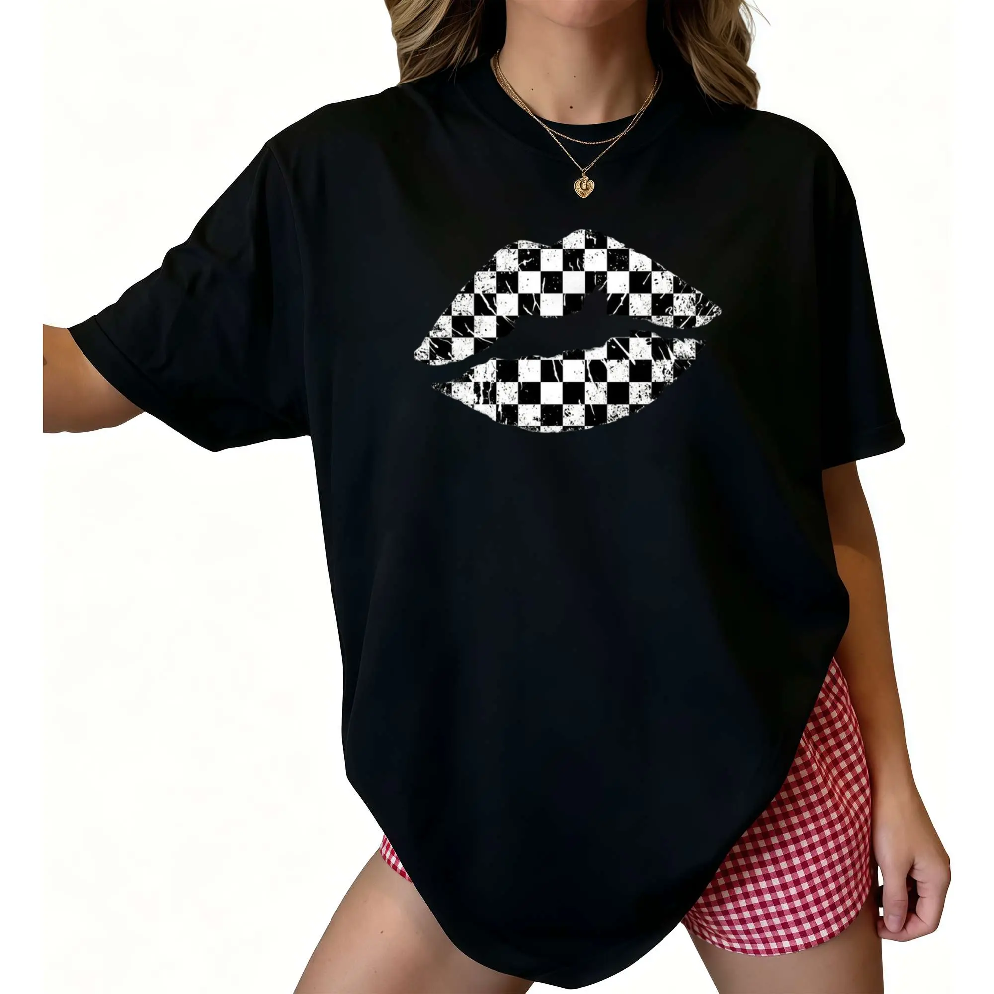 Women's Checkerboard Lips Graphic T-Shirt - Soft Cotton  Round Neck Short Sleeve High-Res Print Streetwear for Summer, Machine Washable, Casual, Loose Cut, Crew Neck,  Shortsleeve, Tshirt, Checkered, Lady