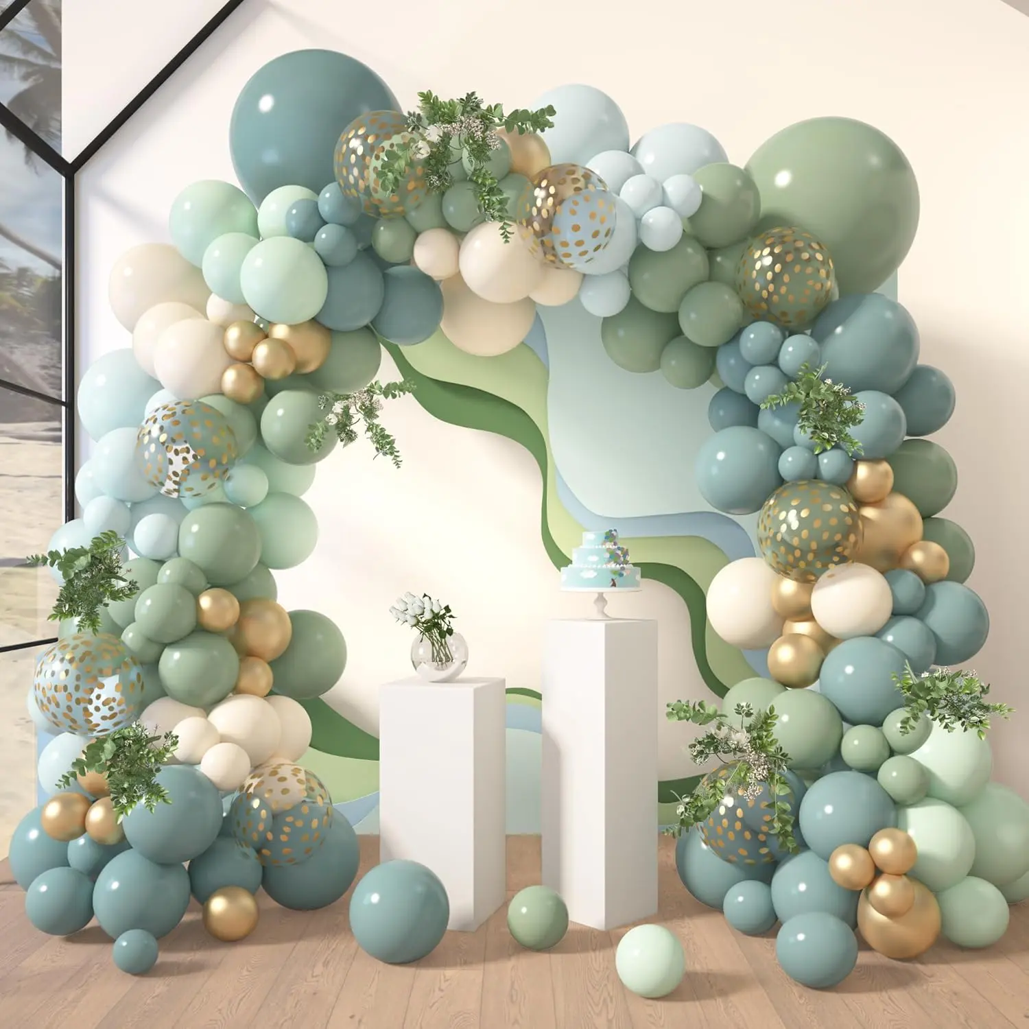 173pcs Thick Dusty Blue-Green Balloon Garland Arch Tool Kit - Haze Blue, Ash Mist Sage Green, Sand White, Gold Confetti, Gender Reveal, Festive Colorful Balloons for Baby Shower, Baptism Decorations (Aluminium-Infused for Durability)
