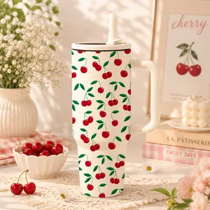 1 Pc 40oz Double Layer Insulated Mug, Tumbler, Cherry Bow Pattern Thermal Mug, Double Wall Vacuum Mug with Straw Lid and Handle, Keeps Hot 12 Hours, Cold 24 Hours, Large Capacity Car Cup for Hot Cold Drinks, Gift for Women Holiday Daily Use