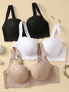【Plus Size】3Pce Solid Color Lace Bra, Casual Comfortable Breathable Adjustable Strap Underwire Bra, Women's Lingerie for All Seasons