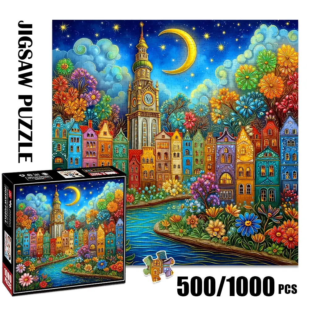 1pc 1000 piece adult puzzle 58x58cm Square Colorful Town by River with Clock - Tower, Moon and Flowers 500 pieces paper jigsaw puzzle suitable for DIY creative games for adults and families, birthday an