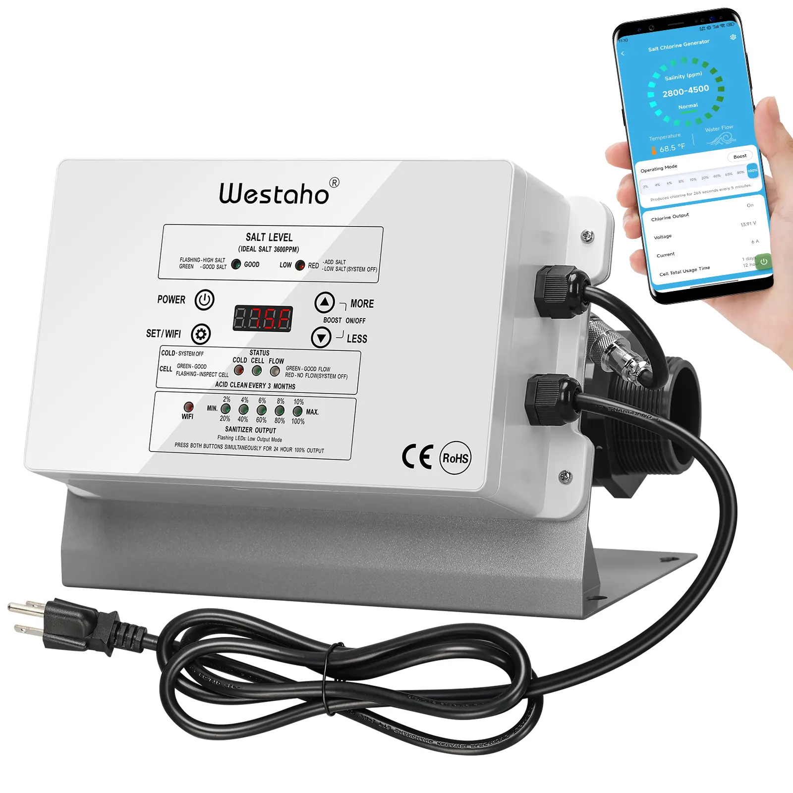 Westaho 2.4G/5G WiFi Salt Chlorine Generator with APP & WiFi Remote Control, USA Titanium Salt Cell, Smart Control Panel, Real-Time Alerts, for 15,000-Gal Above Ground Pools, Intex Pool Water Quality Compatible, Westaho Wifi Salt Chlorine Generator