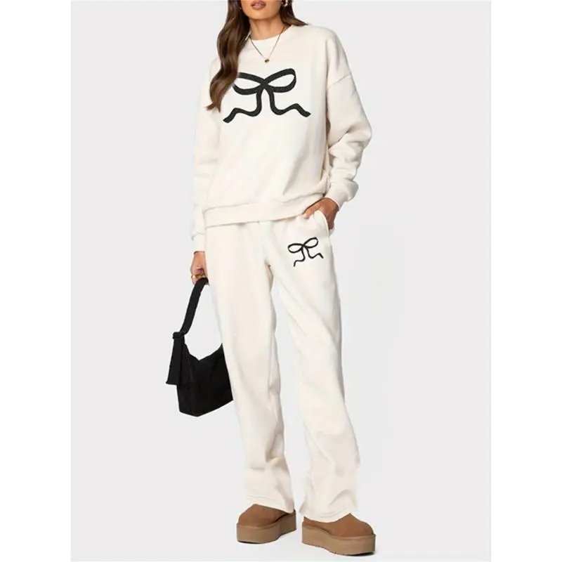Women Pants Set, Bow Print Long Sleeve Crew Neck Hoodie and Sweatpants Set Activewear Set Womenswear Clothes Polyester Suits Pocket