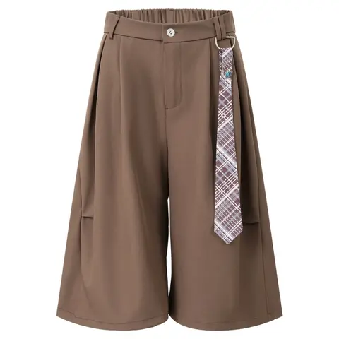 Men's Woven 3-Quarter Wide-Leg Pleated Pants - Japanese Vintage Retro Distressed, Loose Slimming Plain Design, Tie Button Detail, Summer Street-Style Father’s Day Gift #SummerWins, Three-Quarter