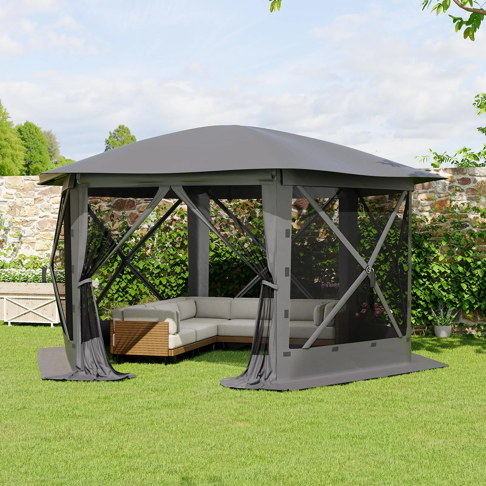 11.5×11.5 FT/13×13 FT 6‑Sided Pop Up Gazebo Tent – One‑Push Setup Canopy Tent with Mesh Panels & Removable Wind Cloths, Outdoor Shelter for Camping, Backyard Parties, Outdoor Events