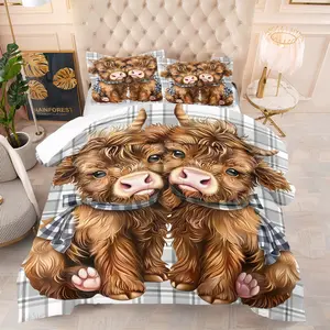 Plaid Highland Cow Pattern Comforter Set, Soft And Comfortable Bedding Set, Including 1 Comforter And 1 Or 2 Pillowcases Without Pillow Inserts, Suitable For Bedrooms, Dormitories, And Guest Room Decoration Items For Teenagers And Adults