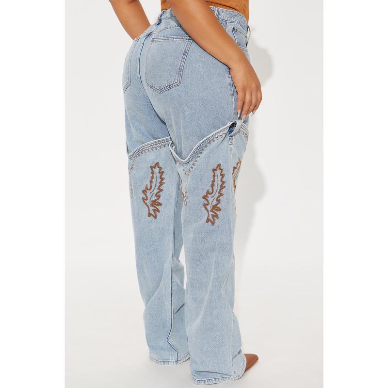 Let's Ride Western Boot Convertible Straight Leg Jeans - Light Wash