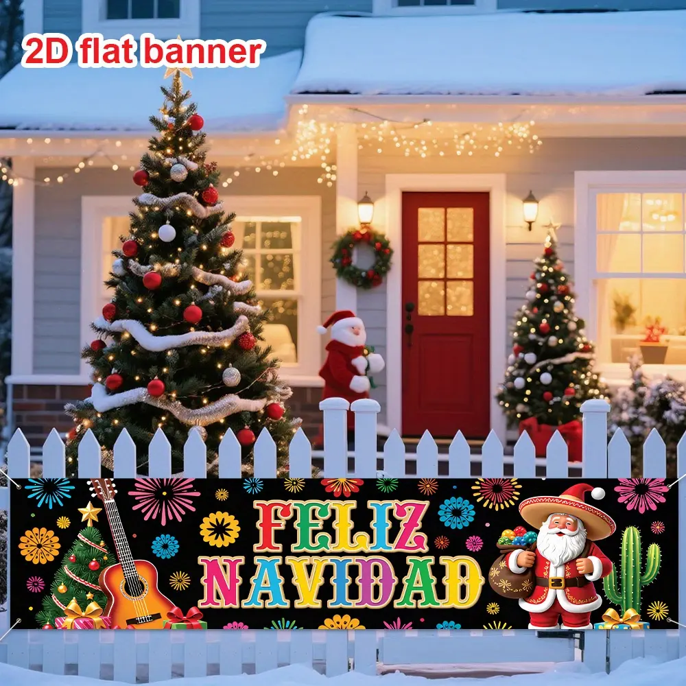 Mexican Style Christmas Banner, Feliz Navidad, Santa Claus with Guitar, Cactus, Tree, Gifts, Fireworks, Polyester, Indoor Decor, Party Decoration Supplies