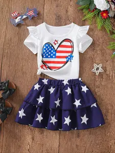 Baby Girl Summer Heart Star Set, Baby Clothing, Sweet Dreamy Sleeveless Top + Cake Skirt, Casual Fashion Style, Baby Birthday Gift, 0-3 Years, Outfit