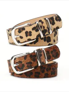 Women's Leopard Print Belt with Dual Rings Circle Design, Stylish Versatile Waistband for Coats Pants, Fashionable Accessory