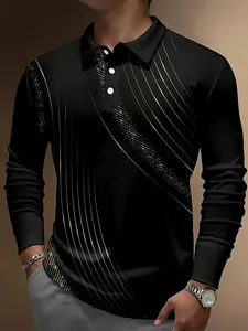 Men's Printed Geometric Pattern Long-Sleeved Button Polo Shirt, Outdoor Street Casual Fashion Tops