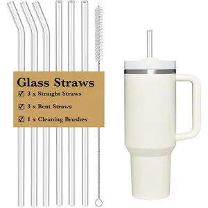 6 PCS Clear Glass Reusable Straws for Stanley 40 oz 30 oz Cup Tumbler, Shatter Proof, 6 Pack with Cleaning Brush