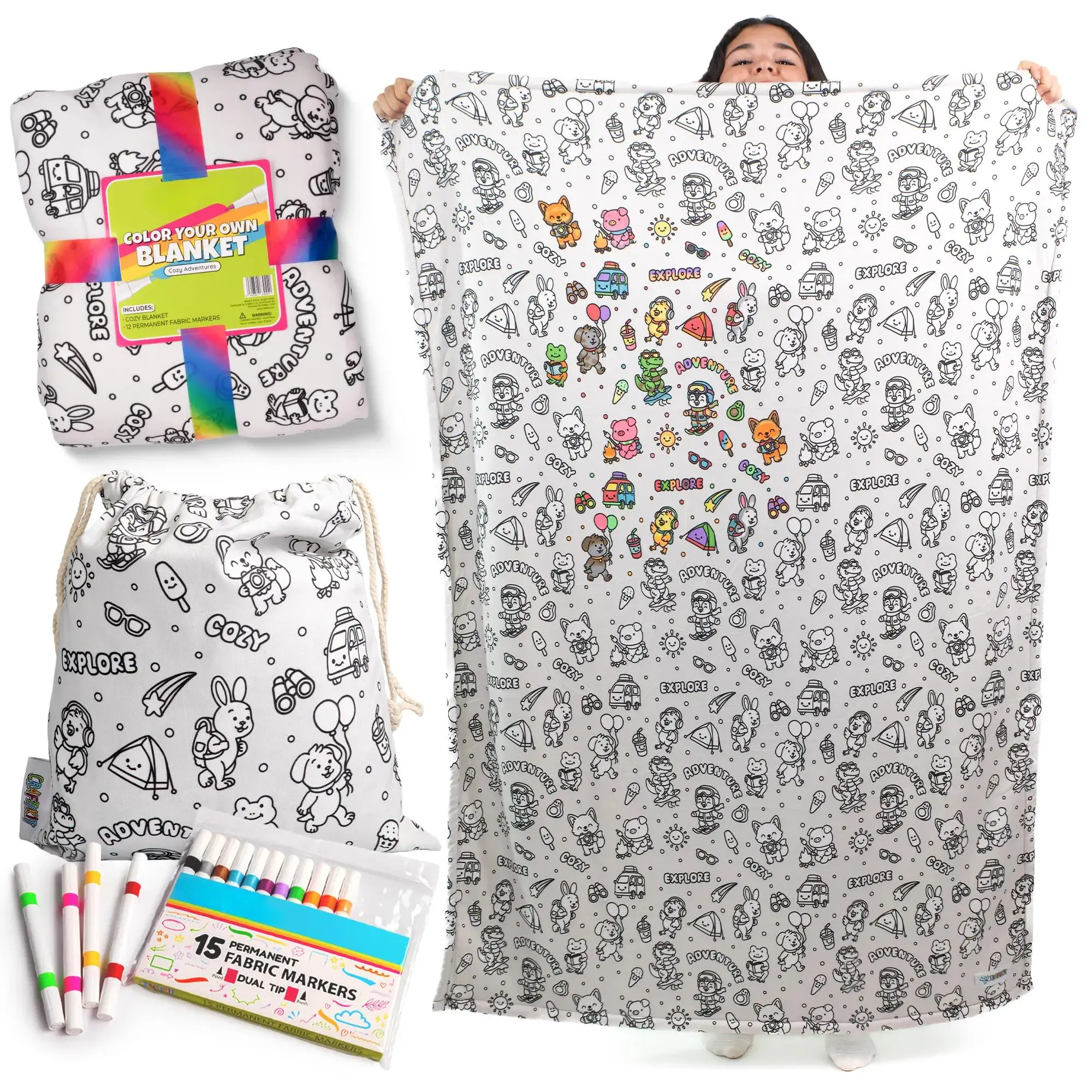 Kids Coloring Sherpa Blanket Kit - Travel Animals Design, Fabric Markers & Tote Bag Included| Birthday Gift