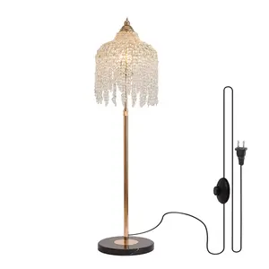 3-Light Elegant Crystal Floor Lamp Vintage Waterfall Design Grape-Style Crystal Beads Marble Texture Base Height Adjustable 120–165cm Foot Switch Golden for Living Room Bedroom Office LightLuxuryLivingRoomLamp