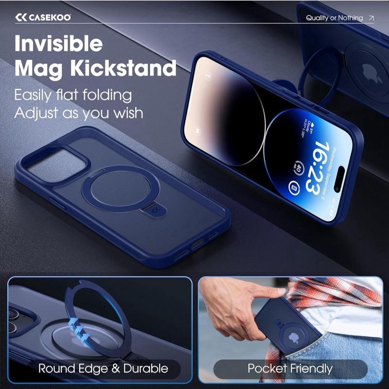 CASEKOO Blue Protective Cover for iPhone 14 Pro Max with Magnetic Invisible Stand & Military Drop Protection Compatible with MagSafe Shockproof Slim Translucent Matte Promax Case 6.7 Inch