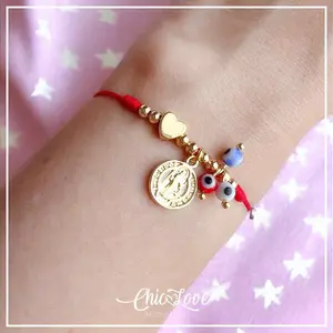 Saint Benedict Red Cord Bracelet, Brass Medal, Blue Evil Eye Beads, 18K Gold Plated Details, Adjustable 5–9 in