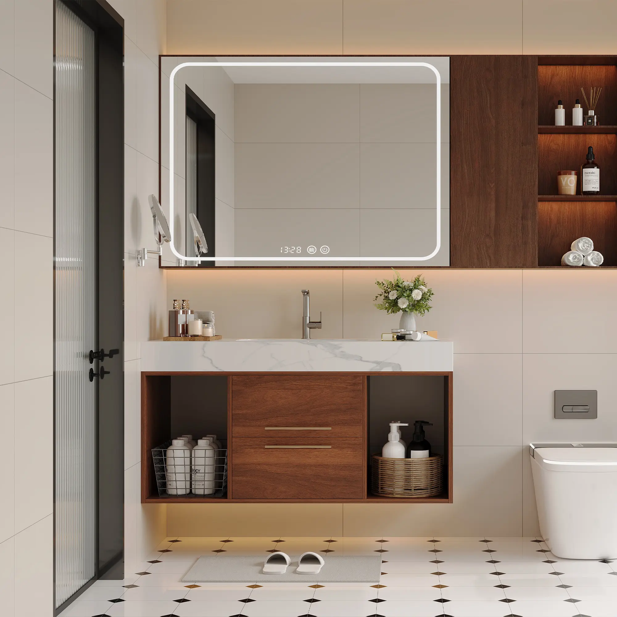 39.4-Inch Wall-Mounted Floating Bathroom Vanity with Ceramic Sink, Sintered Stone Top, 2 Soft-Close Drawers, Multiple Color & Style Options