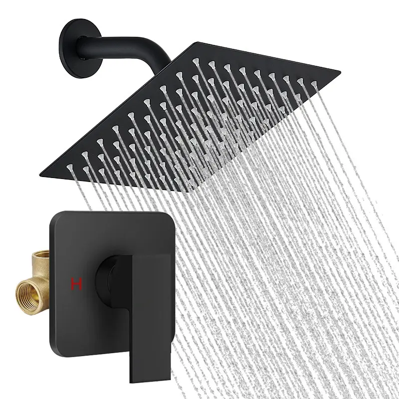 Shower Faucet Single Function Shower Trim Kit with Rough-in Valve Shower Set Bath Rainfall Shower Faucet System 8inch Wall Mount Square Stainless Steel Metal Bathtub Rain Shower Head Matte Black