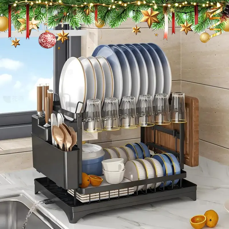2 Tier Dish Drying Rack with Drainboard Dish Drainers Cutlery Holder Organizer Kitchen Counter Sink Adjustable Spout Utensil Holder Knife Slots dish dryer rack bowl Board Durable Rustproof perfect size Great value sturdy classy Organiser movable summervib