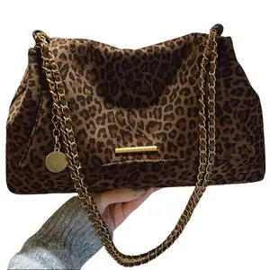 Women's Fashion Leopard Print Faux Suede Shoulder Bag, Large Capacity Tote with Delicate Chain Strap, Soft Fabric Handbag for Daily Commute, Includes Phone, Coin & Cosmetic Pouch