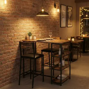 Rustic Brown 36" Counter Height Dining Table Set for 2 with Upholstered Bar Chairs and Storage Shelves, Space-Saving Kitchen Table for Small Space, Apartment, Studio