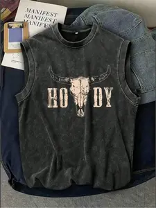 Men's Washed Fitted Knit Vest with Letter Graphic Print, Street Fashion Casual Wear, Sleeveless Top, Knit Tops, Perfect for Layering & Summer
