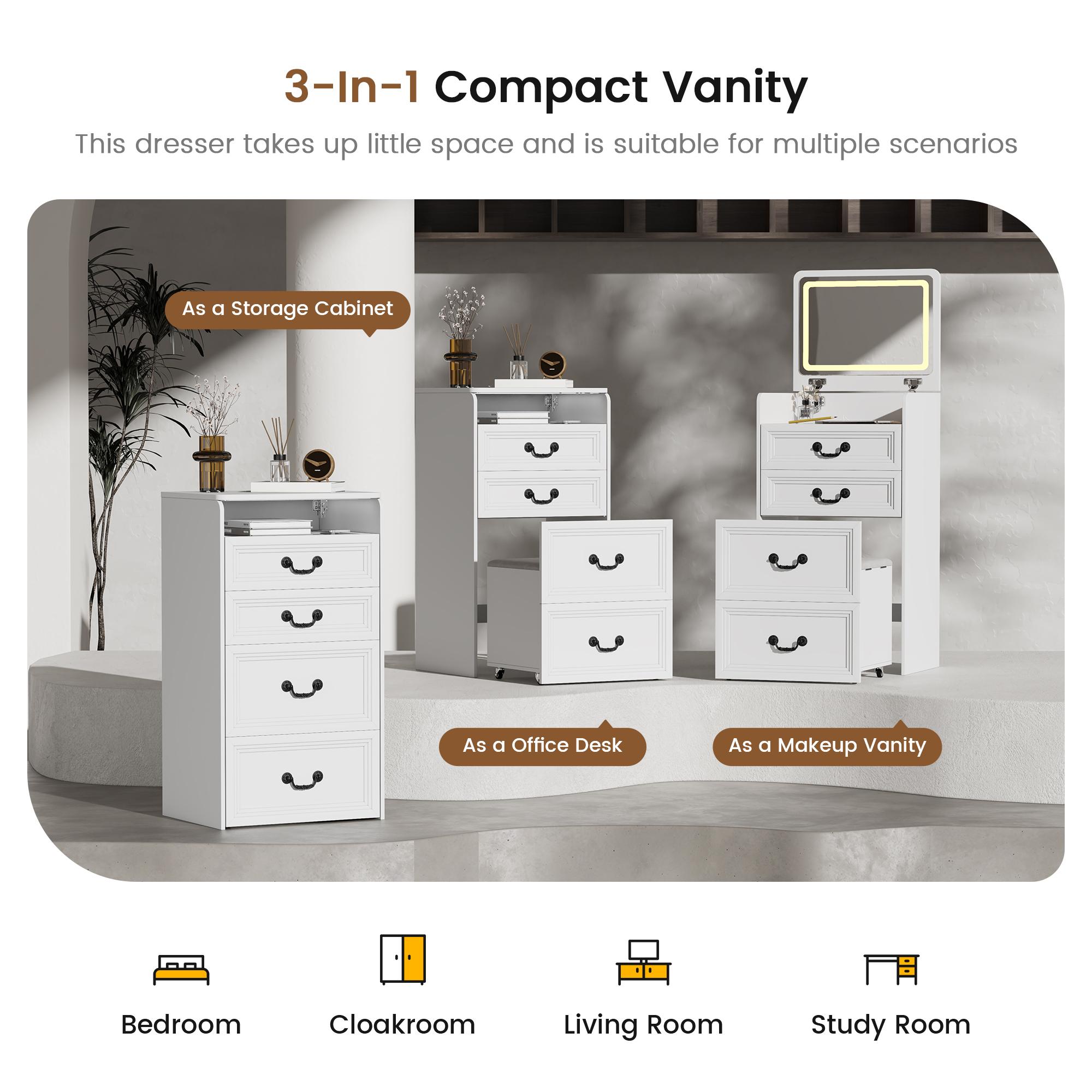 Miu small room vanity with Flip-up LED Mirror, Glass Tabletop,6-Compartment Storage Space, Soft Stool with Hidden Space & Drawer