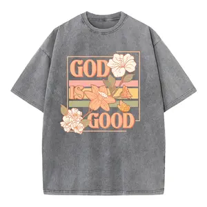 "God Is Good" Washed T-Shirt, Retro Floral Christian Faith Graphic Tee with Hibiscus & Butterfly Design Vintage Washed Christian T-Shirt, "God Is Good" Boho Floral & Pastel Stripes Design, Oversized Streetwear