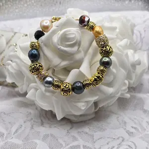 Hawaiian Bracelet with Blue and Black Beads, Gold-Tone Design, Includes Pearl Accents & Floral Accents, Unique Design