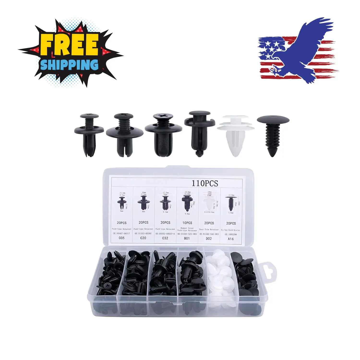 110PCS 6 Sizes Car Retainer Clips Kit, Auto Door Trim Panel Clips