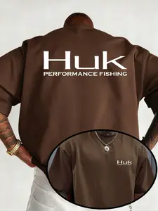 Men's Casual Short Sleeve Round Neck T-Shirt, Huk Letter Print, Knit Fabric, Comfortable Fit, Perfect for Leisure and Home Wear