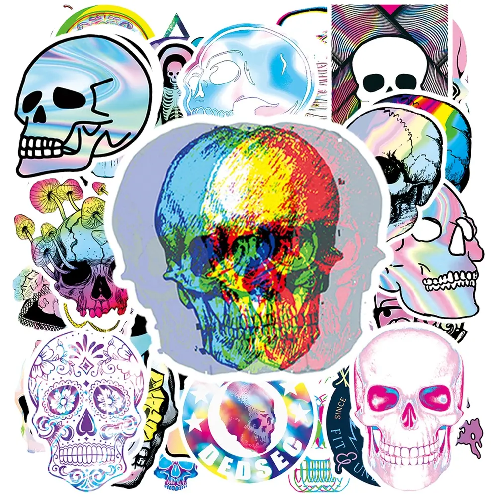 50Pcs Trippy Holographic Skull Vinyl Stickers, Psychedelic Rainbow Skeleton Decals, Waterproof Car Window Motorcycle Helmet Stickers, Water Bottle Laptop Skateboard Luggage Journal StickersGothic Punk Cool Stickers Pack Gift for Teens Adults Street Lovers