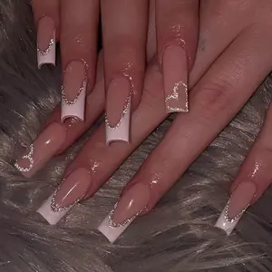 24pcs Rectangle French Heart Silver Glitter Nails, Acrylic Press-On False Nail Set with Jelly Glue & File, Perfect for Parties