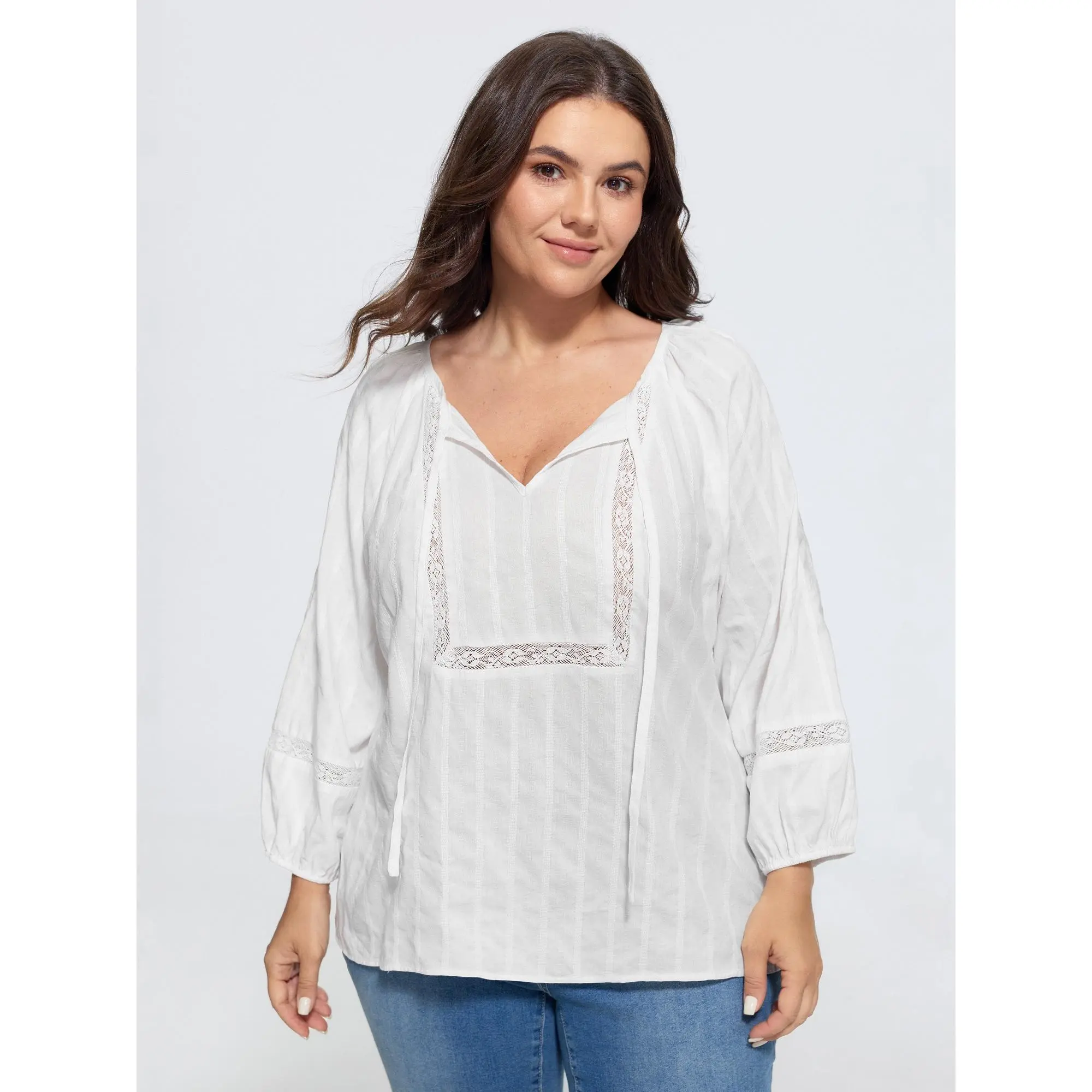 BLOOMCHIC Lady's Plus Size Supersoft Rayon Crochet Lace V-Neck Drawstring Garment Blouse with Sleeve, Flattering Fit, Size M-6X, 2026 Summer Style, Cotton