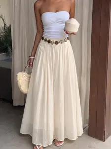 Women and Girls Summer Boho Bohemian Pleated Maxi Skirt High Waist Breathable Flowy Beach Vacation Long Skirt Womenswear