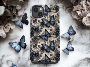 Vintage Blue Butterfly and Rose Phone Case – 3D Textured Floral Design Applicable to iP15Promax ip14Pro mobile phone case 12 trendy brand 13 anti-fall cover 14Promax 15Pro cute Plus phonecase Accessories Acrylic casetify