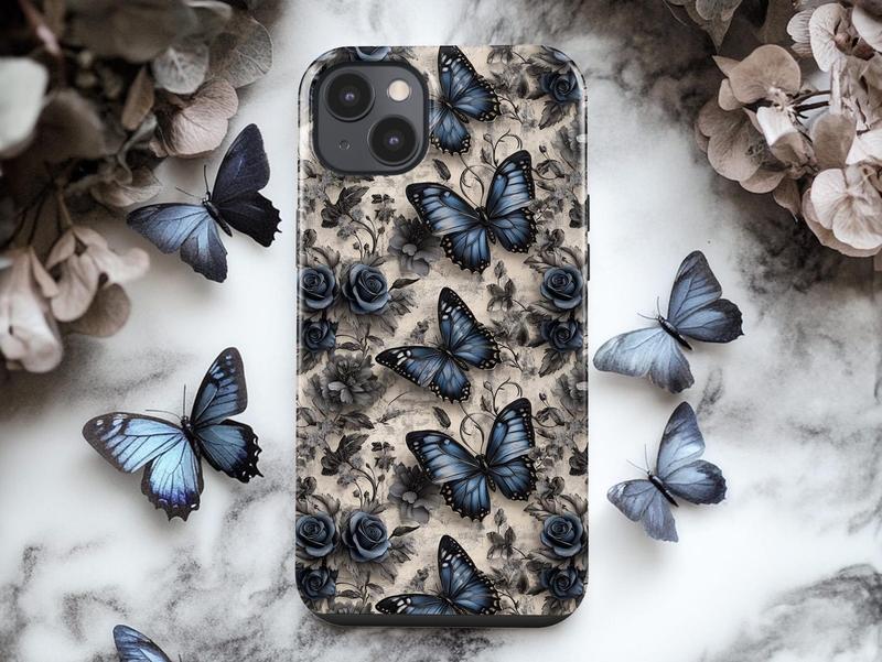 Vintage Blue Butterfly and Rose Phone Case – 3D Textured Floral Design Applicable to iP15Promax ip14Pro mobile phone case 12 trendy brand 13 anti-fall cover 14Promax 15Pro cute Plus phonecase Accessories Acrylic casetify