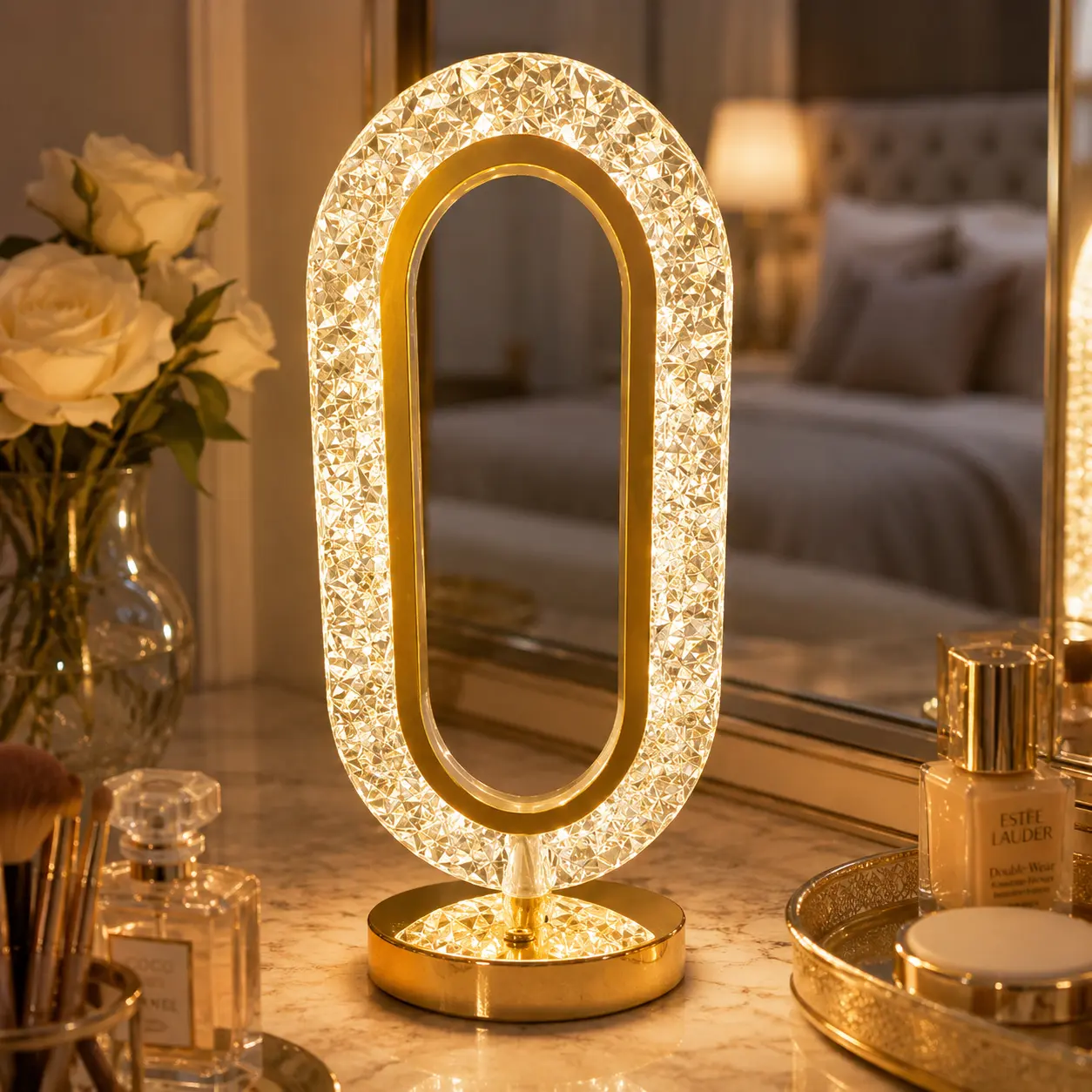 USB-Rechargeable Crystal-Design Desk Lamp with USB Port - Touch-Controlled, 3-Color Dimmable Acrylic Table Lamp Night Light for Nightstands, Bedroom Home Decor