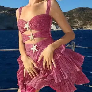 Women's Summer Sleeveless Cutout Tank Dress - Front Hollow Out, Starfish Decor, Tiered Cami Dress for Nightclub Party beach vacation  Casual Womenswear