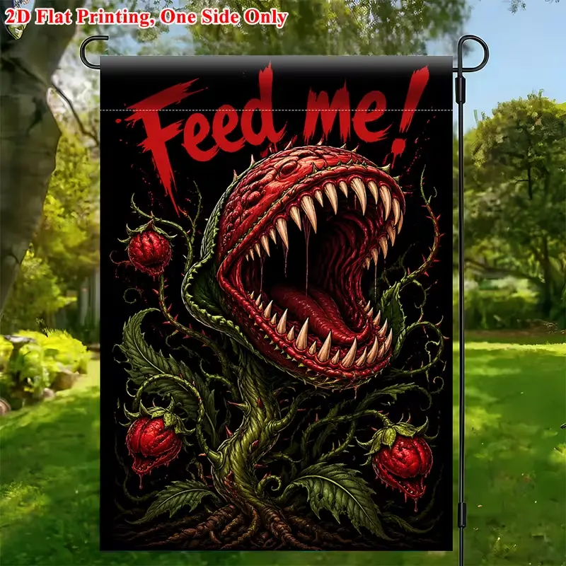 Halloween Carnivorous Monster Plant Garden Flag - Single-Sided 2D Print Blood Red Venus Flytrap, Scary Dark Small Outdoor Decor for Front Lawn Patio, Flag Stand Not Included