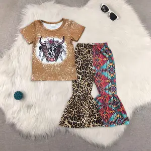 New Clothes Girls Leopard Aztec Cow Bleached Bell Bottom Pants Western Theme Casual Trousers for Kids