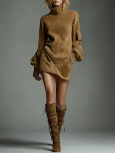 Women's Vintage-Style Spring Oversized Faux Suede Pocket Lantern Sleeve High-Neck Mini Print Dress