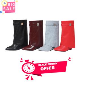 Wide Calf Booties, Foldable Wedge Heel with Lock and Pointed Toe with Zipper