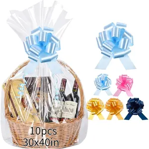 10 count Large Cellophane Bags 30x40 Inch Cellophane Wrap for  Baskets with 10 Pull Bows Clear Basket Wrap  Bags for Easter Basket Stuffers  Bridal Shower Wedding Birthday Party