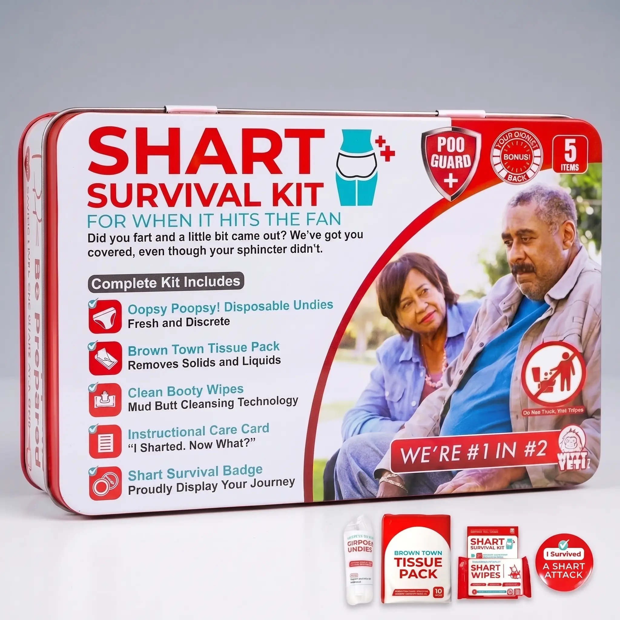 Funny Shart Survival Kit - Adedria Battery-Free Novelty Gag Toys, Pranking Products, Practical Jokes, 12+ Years Old Friends Gifts, Stocking Stuffers with Wet Wipes, Disposable Underwear, Tissues, Hilarious Badge