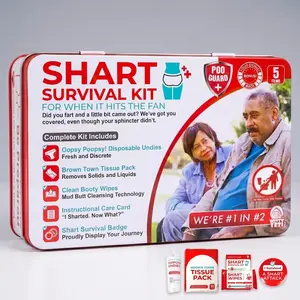 Funny Shart Survival Kit, Novelty Gag Toy Gift Set for Friends - Includes Wet Wipes, Disposable Underwear, Tissues, Hilarious Badge (Poop Prank Potty Pack)