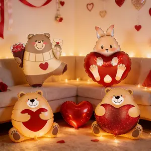 4pcs Heart Bear Rabbit Balloons, Heart Shaped Balloons, Cartoon Standing Bears Valentine's Day Wedding Decoration, Aluminum Foil Balloons for Weddings Engagements Parties Anniversaries